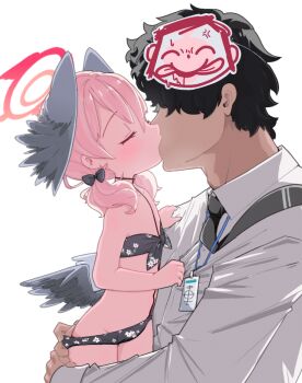 1boy 1girl age_difference bikini bikini_bottom_pull black_hair blue_archive blush body_markings closed_eyes clothes_pull doodle_sensei_(blue_archive) flat_chest hair_ribbon halo highres id_card inedible kiss koharu_(blue_archive) loli necktie pink_hair ribbon sensei_(blue_archive) shirt swimsuit thighs twintails white_background wings