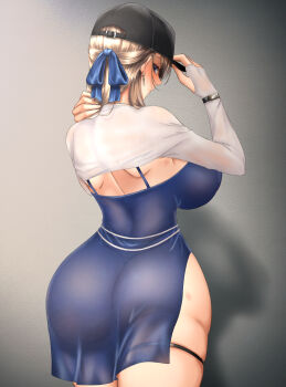 1girl adjusting_clothes adjusting_headwear ass baseball_cap black_hat black_panties blonde_hair blue_dress blue_eyes blue_ribbon bracelet breasts brown_dust_(series) brown_dust_2 closed_mouth cropped_legs dress from_behind hair_ribbon hat highres huge_breasts hutatickle jewelry long_hair long_sleeves looking_back panties ribbon shadow shirt shoulder_blades solo standing thigh_strap underwear white_shirt wilhelmina_(brown_dust) wilhelmina_(water_park_queen)_(brown_dust)