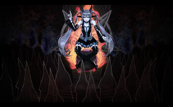 1girl album_cover ammunition_belt animal_ears aqua_hair aqua_necktie arm_up belt black_boots black_shirt black_skirt black_thighhighs blue_trim boots capirote cleavage_cutout closed_eyes clothing_cutout cover crowd detached_sleeves goat_ears goat_girl goat_horns hagane_miku hanji_(hansi) hatsune_miku horns indian_style necktie shirt sitting skirt sleeveless sleeveless_shirt solo_focus thigh_belt thigh_boots thigh_strap thighhighs vocaloid