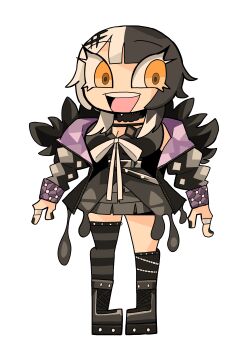 1girl :d absurdres asymmetrical_legwear belt black_boots black_choker black_coat black_dress black_hair black_nails black_socks black_thighhighs boots breasts chibi chibi_only choker coat denkiusagi dress flat_color full_body fur-trimmed_coat fur_trim goth_fashion grey_hair hair_ornament high_heel_boots high_heels highres hololive hololive_english jewelry kneehighs large_breasts layered_dress long_hair mismatched_legwear multicolored_hair nail_polish open_mouth ribbon ring shiori_novella shiori_novella_(1st_costume) simple_background single_kneehigh single_sock single_thighhigh smile socks solo split-color_hair striped_clothes striped_thighhighs thighhighs virtual_youtuber white_background white_ribbon yellow_eyes