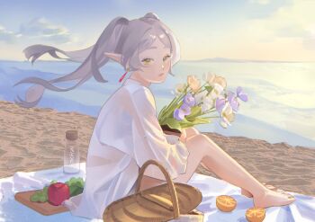 1girl absurdres apple barefoot basket beach bottle bouquet charcuterie earrings elf floating_hair flower food frieren fruit full_body grapes green_eyes grey_hair highres holding holding_bouquet ikachyu jewelry long_hair looking_at_viewer ocean orange_(fruit) orange_slice outdoors parted_bangs pointy_ears shirt sitting solo sousou_no_frieren twintails twitter_username white_shirt wind
