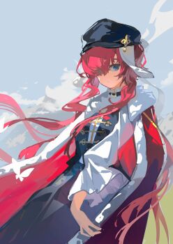 Rule 34 | 1girl, black hat, black vest, blue eyes, blue sky, cape, chinese commentary, closed mouth, commentary request, day, floating hair, fur-trimmed cape, fur trim, fuusen, hair over one eye, hat, highres, long hair, looking at viewer, newsboy cap, one eye covered, outdoors, red cape, red hair, red skirt, reverse:1999, shirt, skirt, sky, solo, upper body, very long hair, vest, white shirt, yenisei (reverse:1999)