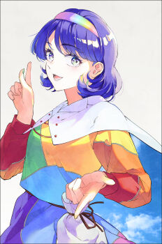 1girl blue_cape blue_eyes blue_hair cape commentary_request dress hairband happy highres konruri_blue long_sleeves multicolored_dress multicolored_hairband open_mouth patchwork_clothes pouch rainbow_gradient rainbow_hairband sash short_hair sky_print smile solo tenkyuu_chimata tenkyuu_chimata_pose touhou two-sided_cape two-sided_fabric unconnected_marketeers white_cape zipper