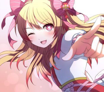 1girl ;d bad_id bad_twitter_id blonde_hair chaos_marie_(grimms_notes) grimms_notes long_hair looking_at_viewer one_eye_closed open_mouth pink_eyes shirt smile solo white_shirt yozu_(yozu0420)