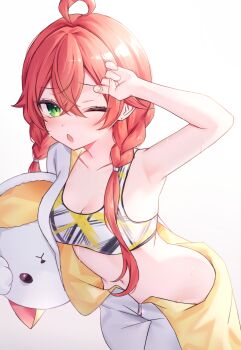 1girl ahoge animal_costume armpits blush braid breasts cleavage collarbone commentary_request gradient_background grey_background highres long_hair looking_at_viewer low_twintails medium_breasts neit_ni_sei nijisanji one_eye_closed open_mouth red_hair shishido_akari solo sweat twintails unzipped virtual_youtuber zipper