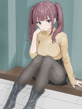 1girl absurdres black_pantyhose black_ribbon black_skirt blunt_bangs boots breasts closed_mouth commentary_request hair_ribbon head_on_hand highres knees_together_feet_apart knees_up large_breasts long_hair long_sleeves looking_at_viewer miniskirt mole mole_under_eye natsuki_karin pantyhose purple_eyes ribbed_sweater ribbon shadow sidelocks sitting skirt solo sweater synthesizer_v turtleneck turtleneck_sweater twintails v-lab yellow_sweater