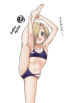 1girl absurdres armpits arms_up barefoot bikini blonde_hair brown_eyes commentary dated flat_chest flexible foot_out_of_frame hair_over_one_eye highres idolmaster idolmaster_cinderella_girls illust_audio leg_hold leg_up looking_at_viewer navel one_eye_covered open_mouth purple_bikini shirasaka_koume short_hair signature simple_background smile solo split standing standing_on_one_leg standing_split stretching swimsuit tareme translation_request white_background