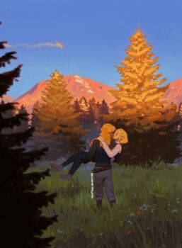 1boy 1girl arms_around_neck artist_name black_pants black_shirt blonde_hair braid carrying closed_eyes couple crown_braid earrings grey_pants hair_ornament hairclip hetero jewelry light_dragon_(zelda) link long_hair mountain nature nintendo outdoors pants parted_bangs pine_tree pointy_ears princess_carry princess_zelda pyonteo shirt short_hair sidelocks the_legend_of_zelda the_legend_of_zelda:_tears_of_the_kingdom tree white_shirt