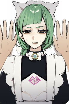 1girl 1other absurdres apron arm_support blunt_bangs bow bowtie braid braided_ponytail clenched_teeth green_hair half-closed_eyes highres ikqgon juliet_sleeves lebanne_(pokemon) long_hair long_sleeves looking_at_viewer maid maid_apron maid_headdress nintendo pink_lips pokemon pokemon_legends:_z-a puffy_sleeves sweat teeth tsurime upper_body white_bow white_bowtie