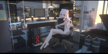 1girl 3d azur_lane bare_arms bare_shoulders blue_eyes canister chair computer copyright_name desk double_bun female_focus hair_bun highres hugging_object indoors le_malin_(azur_lane) letterboxed lingerie long_hair looking_at_viewer office_chair pillow pillow_hug plantar_flexion see-through_clothes sitting solo sunlight swd3e2 swivel_chair symbol-shaped_pupils thighhighs thighs underwear white_hair wide_shot