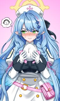 1girl absurdres ahoge bag blue_archive blue_hair blush braid breasts commentary_request doodle_sensei_(blue_archive) egg feathered_wings gloves gradient_background green_eyes hair_ornament halo hat highres holding holding_egg huge_breasts implied_egg_laying jinsei_owakon_yarou juliet_sleeves long_hair long_sleeves looking_to_the_side low_wings mine_(blue_archive) multicolored_hair nervous_sweating nurse nurse_cap pink_ribbon pointy_ears puffy_sleeves ribbon sensei_(blue_archive) simple_background speech_bubble sweat twin_braids white_gloves white_hat wings x_hair_ornament yellow_halo