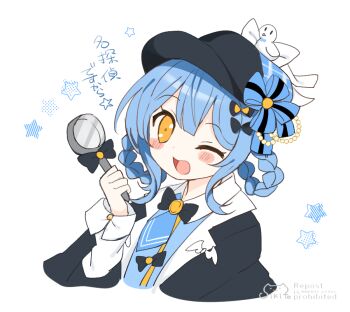 1girl ;d black_bow black_jacket blue_hat blue_vest blush_stickers bow braid cropped_torso deerstalker hair_rings hand_up hat holding holding_magnifying_glass jacket looking_at_viewer magnifying_glass mahou_shoujo_no_majo_saiban one_eye_closed open_mouth orange_eyes shikito_(yawa0w0) shirt simple_background smile solo tachibana_sherry translation_request twin_braids upper_body vest watermark white_background white_shirt