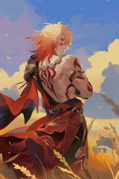 1boy abs arm_tattoo armlet back_tattoo black_coat blonde_hair blue_sky braid cape chinese_commentary clawed_gauntlets coat commentary_request earrings elims facial_tattoo from_behind gold_earrings gold_necklace gradient_hair highres honkai:_star_rail honkai_(series) jewelry male_focus medium_hair multicolored_hair mydei_(honkai:_star_rail) necklace open_clothes open_coat red_cape red_hair red_tattoo side_braid side_cape sideways_glance sky solo tattoo toned toned_male wheat_field yellow_eyes