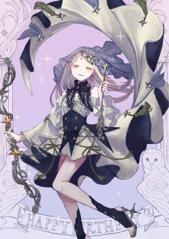 1girl arrow_(projectile) bird black_collar black_shoes blonde_hair border bow_(weapon) braid collar commentary_request dress earrings fingernails floating_hair full_body gakuen_idolmaster gradient_background grey_dress half-closed_eyes happy_birthday high_heels highres holding holding_arrow holding_bow_(weapon) holding_weapon idolmaster jewelry lace-trimmed_collar lace_trim long_hair long_sleeves looking_at_viewer nail_polish off-shoulder_dress off_shoulder open_mouth orange_eyes orange_nails ornate_border owl puritan_collar purple_background segawa_me_no shinosawa_hiro shoes solo sparkle standing standing_on_one_leg stud_earrings toenails underbust weapon