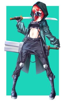 1girl black_boots black_jacket black_pants black_shirt boots border commentary_request crop_top cropped_shirt full_body gas_mask gloves green_background grey_gloves hair_between_eyes hand_up highres holding holding_sword holding_weapon hood hood_up hooded_jacket jacket katana korean_commentary legs_apart long_bangs long_sleeves looking_at_viewer mask medium_hair moon_(restire) navel open_clothes open_jacket original pants red_eyes red_hair sheath sheathed shirt simple_background solo standing stomach sword weapon white_border