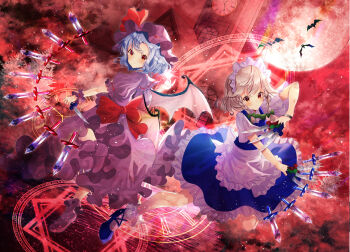2girls absurdres apron back_bow bat_(animal) bat_wings blue_hair blue_skirt bow braid braided_sidelocks clock clock_tower closed_mouth dress dress_bow floating fog frilled_dress frilled_skirt frilled_wrist_cuffs frills frown green_bow hair_bow hat hexagram highres holding holding_knife izayoi_sakuya juliet_sleeves knife long_sleeves maid maid_headdress mansion medium_hair mob_cap moon multiple_girls multiple_knives nettian51 night petals pink_wings puffy_sleeves purple_dress purple_hat purple_shoes red_bow red_eyes remilia_scarlet scarlet_devil_mansion shirt shoes short_hair short_sleeves skirt sleeve_garter smile touhou tower twin_braids vlue_vest waist_apron white_apron white_hair white_headdress white_shirt wings wrist_cuffs wristband