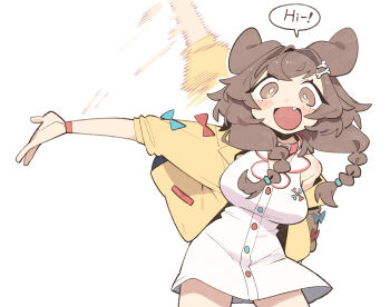 1girl animal_ears blush bone_hair_ornament braid brown_eyes brown_hair cocomayo29_(tomato) collar commentary dog_ears dog_girl dress hair_ornament highres hololive inugami_korone inugami_korone_(1st_costume) jacket looking_at_viewer open_mouth solo symbol-only_commentary twin_braids virtual_youtuber waving white_background white_dress yellow_jacket