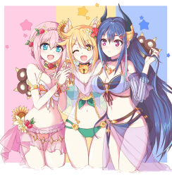 Rule 34 | 3:, 3girls, :d, ;d, alternate breast size, animal ear fluff, animal ears, animal hands, armlet, bikini, black bikini, black horns, blue background, blue eyes, blue hair, border, bow, bow bikini, bracelet, braid, breasts, cat ears, cat girl, cat paws, closed mouth, commentary, cropped legs, crown braid, dark blue hair, flower, frilled bikini, frills, front-tie bikini top, front-tie top, gloves, green bikini, hair between eyes, hair flower, hair ornament, halterneck, highres, hiyori (princess connect!), hiyori (summer) (princess connect!), holding, holding hair, horns, jewelry, large breasts, long hair, looking at another, looking at viewer, multicolored background, multiple girls, necklace, o-ring, o-ring bottom, official alternate costume, one eye closed, open mouth, orange hair, paw gloves, pink background, pink hair, princess connect!, purple eyes, red bikini, red flower, red rose, rei (princess connect!), rei (summer) (princess connect!), rose, sarong, see-through, see-through sarong, short hair, short hair with long locks, sidelocks, smile, star (symbol), starry background, sunflower, sunflower hair ornament, swimsuit, two-tone bikini, very long hair, white bikini, white border, white bow, yamada (hvcij), yellow background, yellow eyes, yui (princess connect!), yui (summer) (princess connect!)