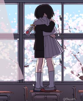 1boy 1girl black_hair cherry_blossoms classroom commentary_request couple flower gakuran graduation highres hug on_table original school_uniform serafuku short_hair table takanashi_atashi
