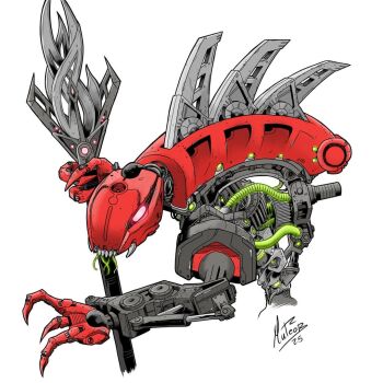 2025 bionicle cable from_side glowing glowing_eye holding holding_staff mattikron no_humans open_hand rahkshi_(bionicle) red_eyes robot science_fiction signature simple_background staff the_lego_group turahk_(bionicle) western_comics_(style) white_background