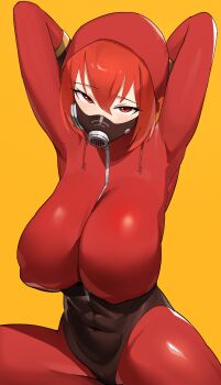 1girl absurdres arms_behind_head bodysuit breasts commission genderswap genderswap_(otf) highres hood hood_up large_breasts latex latex_bodysuit looking_at_viewer mask pyro_(tf2) red_bodysuit red_eyes red_hair red_pyro_(tf2) respirator short_hair simple_background solo t-lex team_fortress_2 yellow_background