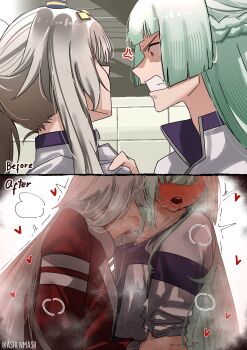 2girls absurdres angry animal_ears ashenmash before_and_after blue_hair blush clenched_teeth drooling from_side fujimasa_march_(umamusume) full-face_blush grey_hair hair_over_eyes heart highres holding_another&#039;s_arm horse_ears horse_girl jacket kasamatsu_tracen_training_uniform kiss kissing_neck long_hair moaning multiple_girls oguri_cap_(umamusume) open_mouth pants saliva school_uniform scowl teeth tracen_school_uniform track_jacket track_pants track_suit umamusume umamusume:_cinderella_gray very_long_hair