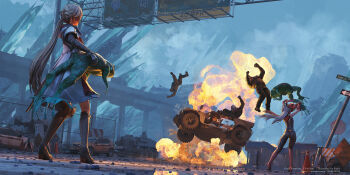 2girls 3others absurdres animal animal_ears armor artist_name black_gloves blonde_hair braid building car chinese_commentary coat commentary_request copyright_name erich explosion fake_animal_ears fire frog from_behind full_body girls&#039;_frontline girls&#039;_frontline_2:_exilium gloves grey_hair groza_(girls&#039;_frontline_2) highres highway holding holding_animal holding_frog krolik_(girls&#039;_frontline_2) long_hair mechanical_ears midair motor_vehicle multiple_girls multiple_others ots-14_(girls&#039;_frontline) outdoors playboy_bunny ponytail puddle rabbit_ears reflection reflective_water road_sign rubble ruins sign soldier speed_limit_sign standing stop_sign tactical_clothes traffic_cone vehicle_request very_long_hair warning_sign watermark web_address weibo_username what white_coat wire_fence