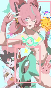 1girl absurdres aria_(zenless_zone_zero) bikini collarbone commentary english_commentary green_eyes highres micro_bikini navel netural open_mouth pink_hair sweat swimsuit teeth upper_teeth_only v zenless_zone_zero