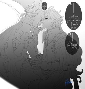 1boy 1girl ahoge antenna_hair artist_name bare_shoulders blindfold blunt_bangs closed_eyes coat collared_coat columbina_(genshin_impact) commentary couple curly_hair dress english_commentary english_text flins_(genshin_impact) bad_tag from_side genshin_impact grey_background hair_between_eyes hand_on_another's_chin head_tilt headpiece hetero highres huge_ahoge incoming_kiss kokoadestroyer leaning_forward long_hair long_sleeves monochrome off_shoulder parted_lips shade signature speech_bubble upper_body