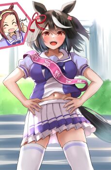 2girls animal_ears black_hair blush bow breasts brown_hair closed_eyes commentary_request forehead gluteal_fold hair_between_eyes hands_on_own_hips highres horse_ears horse_girl horse_tail kitasan_black_(umamusume) large_breasts multiple_girls navel open_mouth pleated_skirt purple_bow purple_shirt red_eyes sailor_collar sakura_bakushin_o_(umamusume) school_uniform sg_(esujii) shirt short_hair short_sleeves skirt tail thighhighs thumbs_up tracen_school_uniform two_side_up umamusume white_sailor_collar white_skirt white_thighhighs