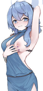 1girl ako_(blue_archive) ako_(dress)_(blue_archive) blue_archive blue_dress blue_eyes blue_halo blush breasts clothing_aside commentary_request dress dress_aside evening_gown guwall halo highres large_breasts looking_at_viewer medium_hair nipples no_bra official_alternate_costume simple_background solo white_background
