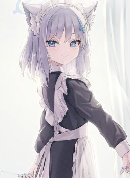 1girl absurdres alternate_costume animal_ear_fluff animal_ears apron black_dress blue_archive blue_eyes blue_halo blue_nails blush commentary_request cowboy_shot cross_hair_ornament dress enmaided frilled_apron frills from_side grey_hair hair_between_eyes hair_ornament halo highres katsukare long_sleeves looking_at_viewer maid maid_apron maid_headdress nail_polish shiroko_(blue_archive) sidelocks smile solo turning_head white_apron white_background wolf_ears
