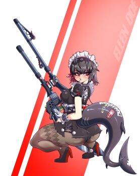 1girl absurdres ass black_dress black_hair black_panties black_shoes breasts brown_pantyhose candy colored_inner_hair dress ellen_joe eyebrows eyelashes female_focus fingernails fins fish_tail food from_behind goddess_of_victory:_nikke high_heels highres holding holding_weapon large_breasts lollipop looking_at_viewer looking_back maid maid_headdress mihoyo miyako.noh mole mole_under_eye multicolored_hair multicolored_shoes nail_polish panties pantyhose pantyshot red_background red_eyes red_hair red_nails red_shoes serious shark_girl shark_tail shoes short_hair short_sleeves sideboob simple_background solo squatting tail tiptoes two-tone_background two-tone_hair two-tone_shoes underwear variant_set weapon white_background zenless_zone_zero