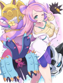 1girl absurdres bandaid blue_eyes blue_sclera blush breasts closed_mouth coat collarbone colored_sclera earrings fangs flower_earrings gen_1_pokemon gen_3_pokemon gen_7_pokemon glalie green_eyes highres holding hypno jewelry lab_coat large_breasts long_hair long_sleeves miriam_(pokemon) multicolored_hair nintendo off-shoulder_sweater off_shoulder one_eye_closed open_clothes open_coat open_mouth pencil_skirt pendulum pill pincers pink_hair pokemoa pokemon pokemon_(creature) pokemon_masters_ex pokemon_sv purple_hair purple_skirt school_nurse sharp_teeth skirt smile stethoscope streaked_hair striped_clothes striped_skirt sweater swept_bangs teeth toxapex yellow_sweater