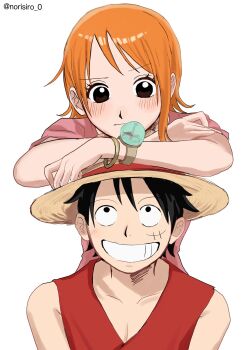 1boy 1girl arm_rest bangle bare_shoulders black_eyes black_hair blush bracelet closed_mouth collarbone facial_scar grin hashtag-only_commentary hat highres jewelry leaning_on_person log_pose looking_at_another looking_up monkey_d._luffy nami_(one_piece) norisiro_0 one_piece orange_hair pink_shirt red_vest scar scar_on_cheek scar_on_face shirt short_hair short_sleeves simple_background single_sidelock sleeveless smile straight-on straw_hat teeth twitter_username upper_body vest white_background