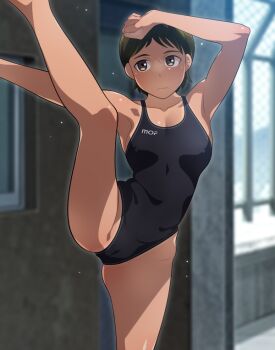1girl black_hair black_one-piece_swimsuit breasts brown_eyes clothes_writing competition_swimsuit em_(totsuzen_no_hakike) facing_viewer highleg highleg_one-piece_swimsuit medium_breasts one-piece_swimsuit original short_hair solo split standing standing_on_one_leg standing_split swimsuit