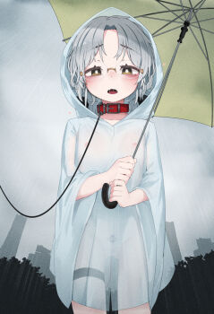 1girl animal_collar bdsm belt_collar blue_coat blush building coat collar day egg_vibrator exhibitionism female_focus flat_chest glasses grey_hair hirato_(kancolle) holding holding_umbrella hood hood_up hooded_coat kantai_collection leash loli looking_at_viewer naked_raincoat nipples orange_eyes outdoors parted_lips public_indecency rain raincoat red_collar saliva see-through_clothes sex_toy short_hair slave solo thigh_strap tsuzuri_(tu-san_house) umbrella vibrator vibrator_cord wide_sleeves