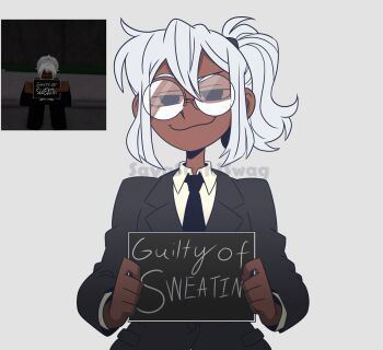 Rule 34 | 1girl, artist name, black-framed eyewear, black eyes, black necktie, business suit, closed mouth, collared shirt, english text, formal clothes, glasses, grey background, highres, looking at viewer, necktie, player character (roblox), ponytail, reference inset, roblox, round eyewear, sayasushiswag, shirt, short hair, short ponytail, simple background, smile, smug, solo, suit, upper body, watermark, white hair, white shirt