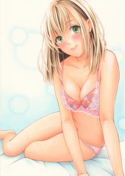 1girl absurdres arm_support barefoot blonde_hair blush bra breasts choppy_bangs closed_mouth collarbone commentary earrings floral_print_bra full_body green_eyes highres jewelry large_breasts light_smile lingerie long_hair marker_(medium) midori_(mira567) navel original panties pink_bra pink_panties reclining solo stomach traditional_media underwear underwear_only