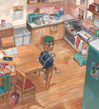 absurdres bag bottle calculator calendar_(object) carrot_slice chair commentary_request commission cup duffel_bag flower highres indoors kettle knife magnet microwave no_humans original paper_bag pixiv_commission refrigerator refrigerator_magnet sakoku_(oyatsu3ji_) spatula stool table toy_car trash_can water_bottle window