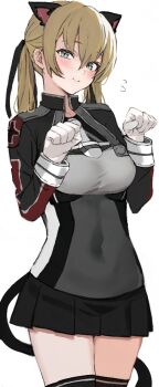 1girl animal_ears black_skirt blonde_hair breasts cat_ears cat_tail cowboy_shot cross dress flying_sweatdrops gloves green_eyes iron_cross kantai_collection long_hair looking_at_viewer low_twintails microskirt military_uniform neju paw_pose pleated_dress prinz_eugen_(kancolle) simple_background skirt smile solo tail twintails white_background white_gloves