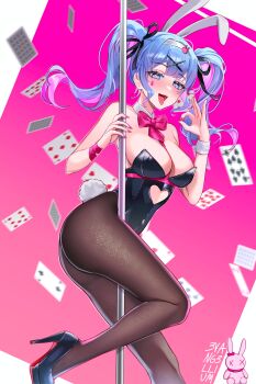 1girl absurdres ace_(playing_card) ace_of_hearts adapted_costume animal_ears artist_name bare_arms bare_shoulders black_leotard black_pantyhose black_ribbon black_shoes blue_eyes blue_hair blunt_bangs blurry blurry_background blush bow bowtie breasts card cleavage clothing_cutout commentary cutout_above_navel detached_collar evangellium facial_mark fake_animal_ears fake_tail fellatio_gesture fingernails five_of_diamonds hair_ornament hair_ribbon hairband hatsune_miku heart heart-shaped_pupils heart_cutout high_heels highres large_breasts leotard long_fingernails long_hair looking_at_viewer multicolored_hair nail_polish necktie nine_of_diamonds open_mouth pantyhose patent_heels pink_bow pink_bowtie pink_hair pink_nails pink_necktie pink_pupils pink_ribbon playboy_bunny playing_card pole pole_dancing pumps rabbit_ears rabbit_hair_ornament rabbit_hole_(vocaloid) rabbit_tail red_soles ribbon seven_of_diamonds shoes solo stiletto_heels streaked_hair stripper_pole stuffed_toy symbol-shaped_pupils tail teardrop_facial_mark teeth ten_of_hearts ten_of_spades tongue tongue_out twintails two-tone_hair two_of_clubs two_of_hearts upper_teeth_only vocaloid white_hairband x_hair_ornament