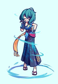 Rule 34 | ahoge, asymmetrical hair, commission, dead or alive, dead or alive 6, dead or alive xtreme, dead or alive xtreme venus vacation, full body, geta, green eyes, green hair, hand on own hip, highres, one eye closed, smallendu, tagme, tamaki (doa), yellow eyes