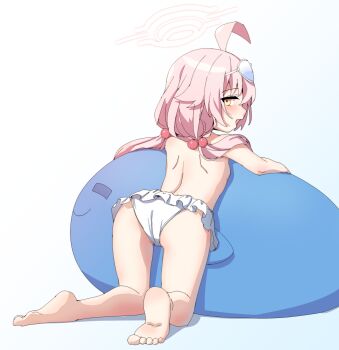 1girl ahoge ass back bare_back bare_legs barefoot bikini bikini_bottom_only blue-tinted_eyewear blue_archive blush breasts eyewear_on_head feet frilled_bikini frills from_behind full_body hair_bobbles hair_ornament halo hoshino_(blue_archive) inflatable_toy kneeling legs loli long_hair looking_at_viewer looking_back low_twintails official_alternate_costume open_mouth pink_hair pink_halo renoana simple_background small_breasts soles solo sunglasses swimsuit tinted_eyewear toes twintails white-framed_eyewear white_background white_bikini yellow_eyes