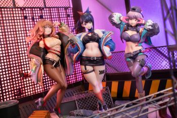 3girls absurdres baseball_cap belt black_footwear black_gloves black_hair black_hat black_shorts black_thighhighs blue_eyes blue_jacket breasts cellphone chain cleavage_cutout closed_mouth clothing_cutout cropped_jacket crossed_legs curvy figure figure_(medium) frown gloves grey_belt gridman_universe gridman_universe_(movie) hair_behind_ear hair_ornament half_gloves hand_in_pocket hat headphones headphones_around_neck highres holding holding_phone jacket large_breasts leg_tattoo long_hair long_sleeves looking_at_viewer medium_breasts microskirt minami_yume multicolored_footwear multiple_girls navel official_alternate_costume official_art one_eye_closed pantyhose phone photo_(medium) pink_gloves pink_hair pink_socks ponytail pouch real_life red_eyes second-party_source shinjou_akane shorts sidelocks skindentation skirt smartphone socks ssss.dynazenon ssss.gridman standing standing_on_one_leg stomach takarada_rikka takarada_rikka_(solarain_toys) tattoo thick_thighs thigh_pouch thigh_strap thighhighs thighs wide_hips