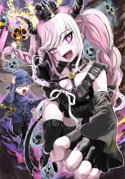 1boy 1girl arm_up belt belt_buckle black_dress black_footwear black_gloves black_sleeves black_thighhighs blue_belt blue_footwear blue_hat blue_jacket blue_shorts boots braid breasts buckle chain cleavage commentary_request crown detached_sleeves dress fingerless_gloves gloves grey_hair hand_on_headwear hat head_tilt highres horns jacket long_hair long_sleeves master_detective_archives:_rain_code medium_breasts mini_crown multicolored_hair pageratta pantyhose pantyhose_under_shorts pink_hair purple_eyes shinigami_(rain_code) shorts skull stairs thighhighs thighhighs_under_boots tongue tongue_out twin_braids twintails two-tone_hair very_long_hair white_hair yuma_kokohead