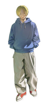 1boy baggy_pants blonde_hair blue_hoodie commentary_request full_body hands_in_pockets highres hood hoodie k_senior1114 korean_commentary looking_to_the_side male_focus pants parted_lips sakamoto_days shin_(sakamoto_days) shoes short_hair solo standing
