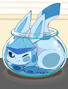 absurdres animal_focus blue_eyes blue_fur blue_sclera closed_mouth colored_sclera fishbowl full_body gen_4_pokemon glaceon highres in_bowl in_container komanychi looking_at_viewer nintendo no_humans one_eye_closed pokemon pokemon_(creature) pokemon_focus smile solo tail two-tone_fur