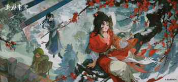 Rule 34 | 1boy, 2girls, architecture, arm armor, black boots, black hair, blue eyes, blue robe, book, book stack, boots, broken, broken sword, broken weapon, brown eyes, brown jacket, chair, cheng heguang, chinese clothes, computer, computer keyboard, copyright name, copyright notice, crowd, crt, dao, desk, dress, east asian architecture, facial mark, feather boa, flower, forehead mark, from above, glasses, green hair, hair branch, hair bun, hair flower, hair ornament, hand up, hanfu, hat on back, highres, holding, holding sword, holding weapon, jacket, jian (weapon), logo, long dress, long hair, monitor, multiple girls, official art, official wallpaper, on chair, over-rim eyewear, pants, paper heron, pink-framed eyewear, pink flower, plant hair, plum blossoms, ponytail, red flower, red hanfu, reed (reverse:1999), reverse:1999, robe, semi-rimless eyewear, sheath, sheathed, short hair, sitting, sitting on branch, snow, standing, sweater, sword, weapon, weimao, white pants, window (computing), yellow sweater