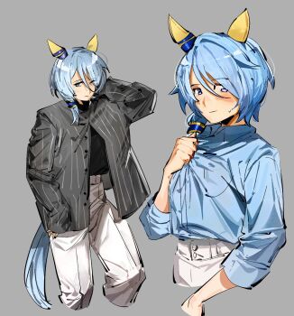 Rule 34 | 1girl, adjusting clothes, animal ears, arm behind head, black shirt, blue eyes, blue hair, blue shirt, breast pocket, closed mouth, collared shirt, cropped legs, denim, dress shirt, ear covers, ear ornament, eyelashes, grey background, grey jacket, hair between eyes, hair tubes, hand on own hip, happy, high-waist skirt, highres, horse ears, horse girl, horse tail, jacket, jeans, k.s.miracle (casual) (umamusume), k.s.miracle (umamusume), light blush, long sleeves, looking at viewer, multiple views, open clothes, open jacket, pants, pdvl, pocket, shirt, short hair with long locks, simple background, single hair tube, single sidelock, skirt, sleeve cuffs, sleeves past wrists, smile, striped clothes, striped jacket, sweat, tail, turtleneck, turtleneck shirt, umamusume, vertical-striped clothes, vertical-striped jacket, white pants